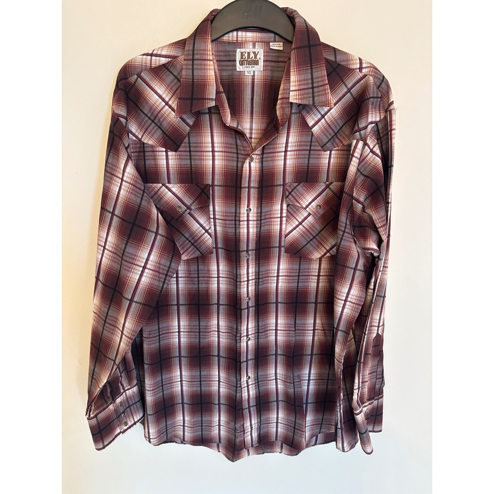 Ely Cattleman Mens XL Western Pearl Snap Shirt Plaid Burgundy Brown Long Sleeve